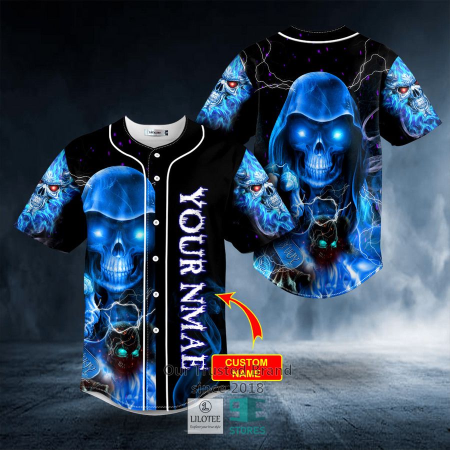 Grim Reaper Blue Fire Lightning Skull Custom Baseball Jersey 8