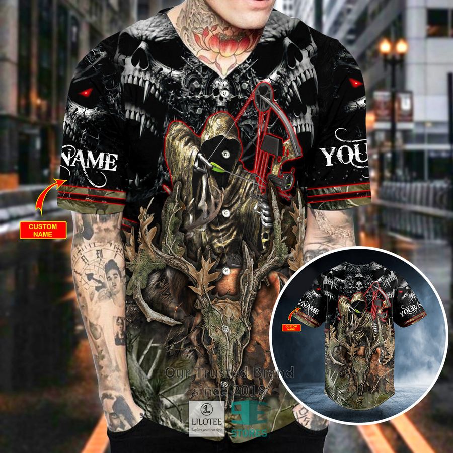 Alternative view of Grim Reaper Bow Hunting Skull Custom Baseball Jersey