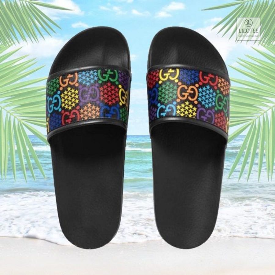 Gucci Color Pattern Black Slide Sandals 4