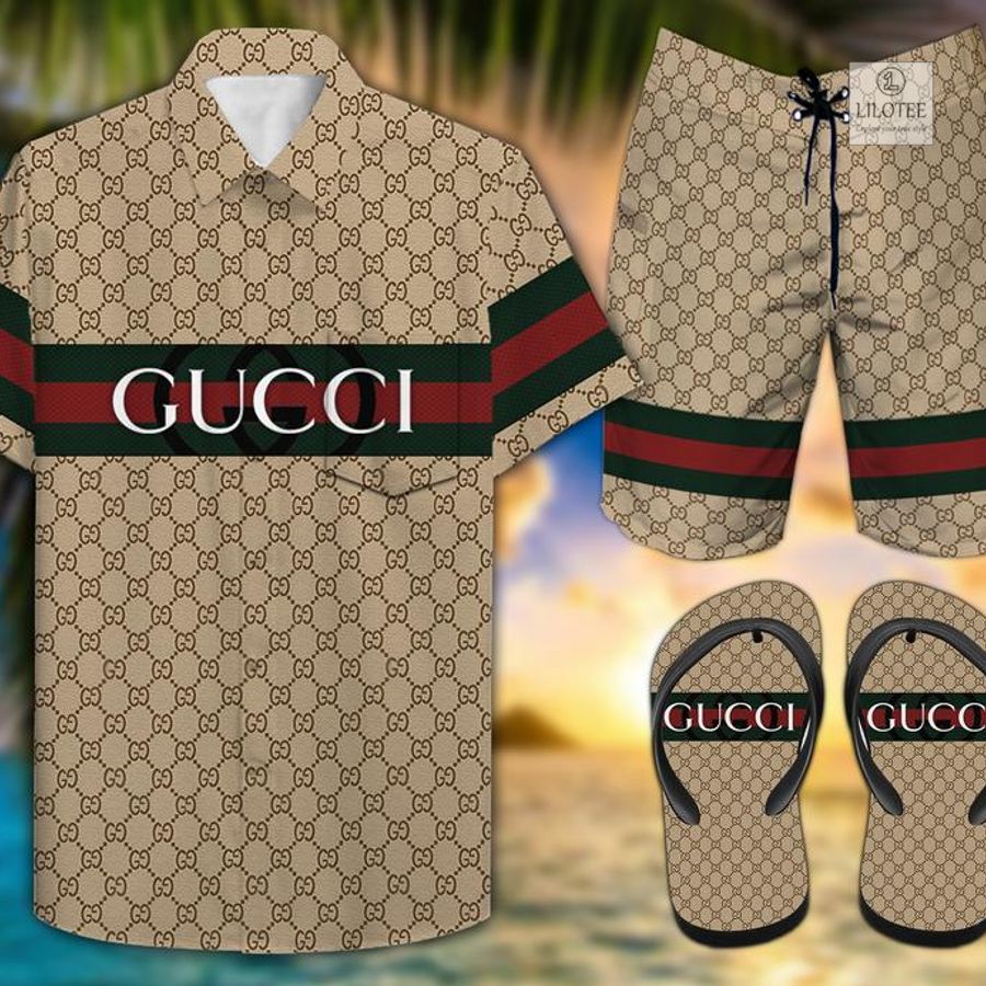Gucci light Brown Red Green line Luxury Hawaiian shirt, short 10