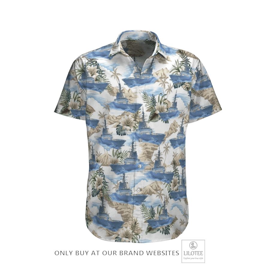 Alternative view of HMAS Hobart DDG 39 Royal Australian Navy Ship Hawaiian Shirt, Beach Shorts