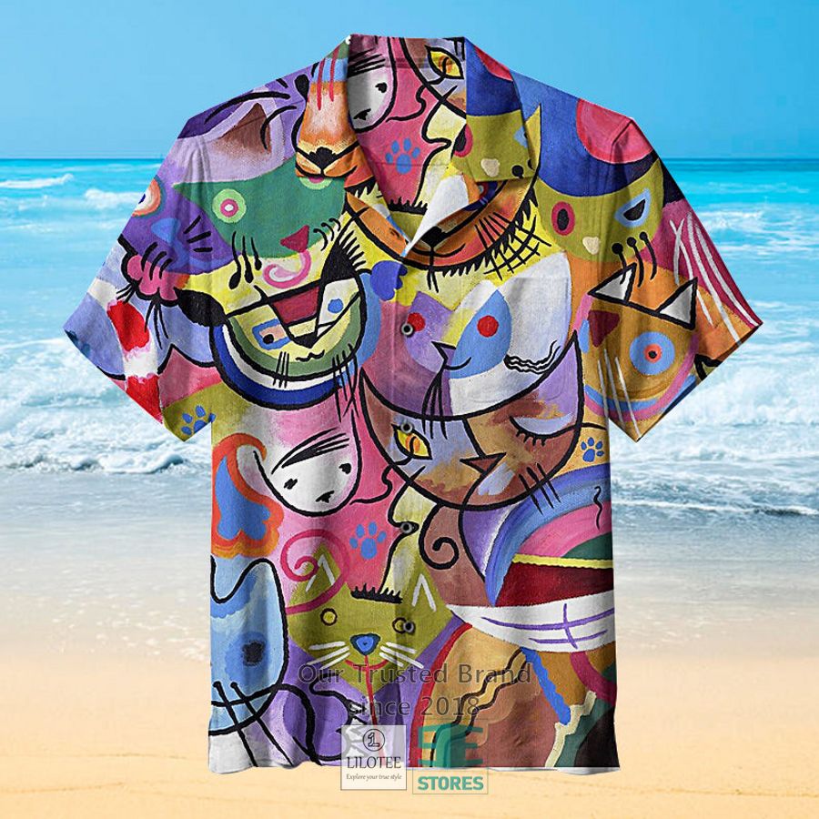 Kandinsky's Cats Canvas Print Casual Hawaiian Shirt 5