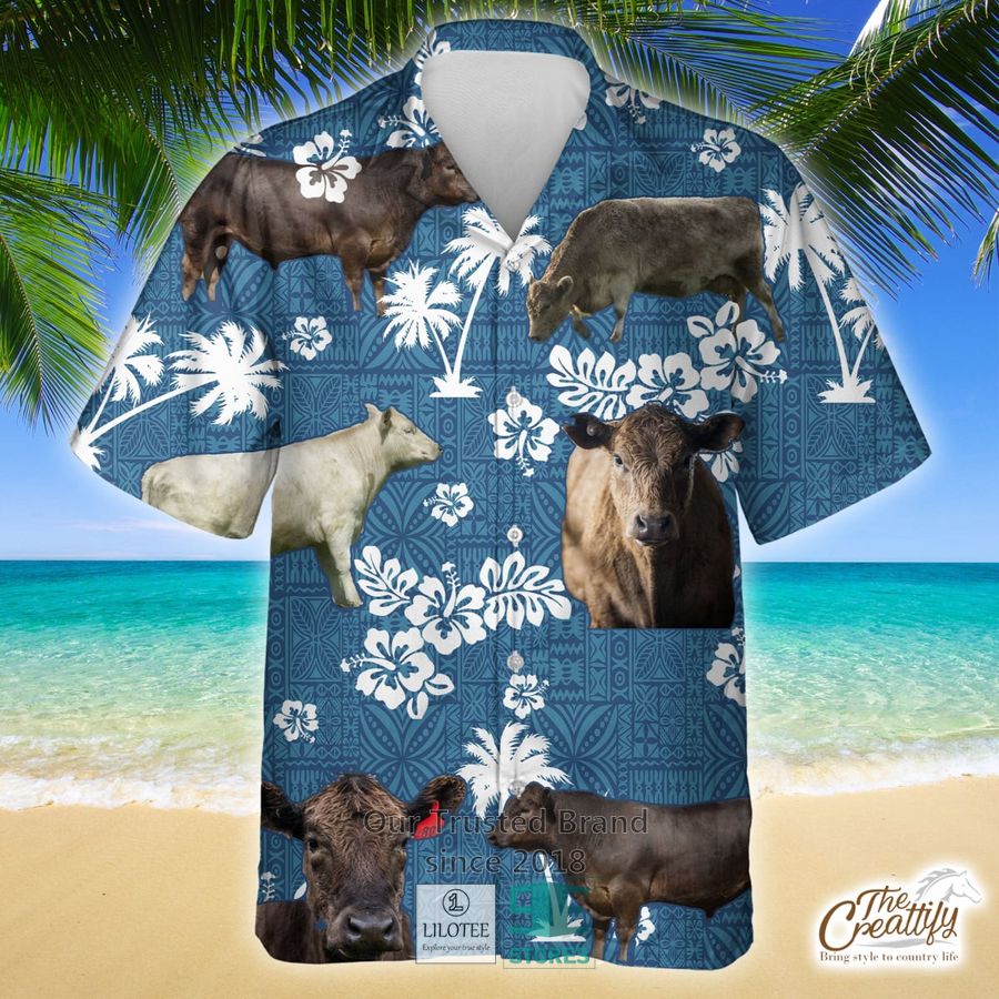 Murray Grey Cattle Blue Tribal Pattern Hawaiian Shirt 5