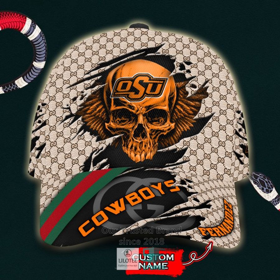 NCAA Oklahoma State Cowboys Skull Custom Name Gucci Cap 8