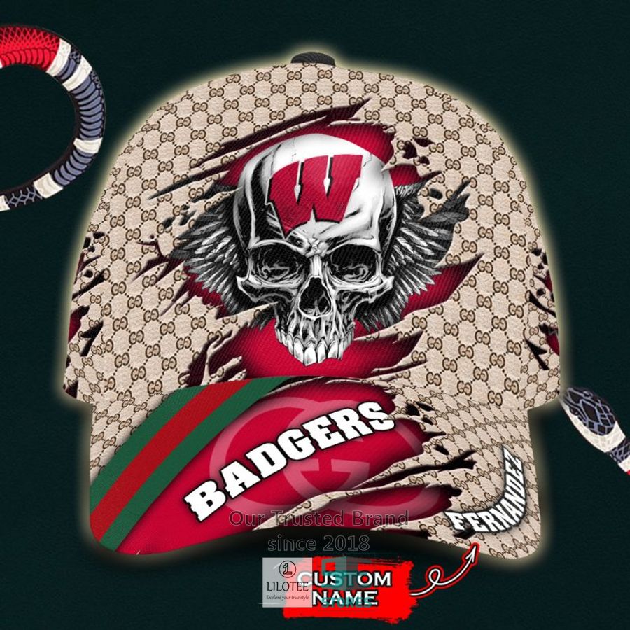 NCAA Wisconsin Badgers Skull Custom Name Gucci Cap 9