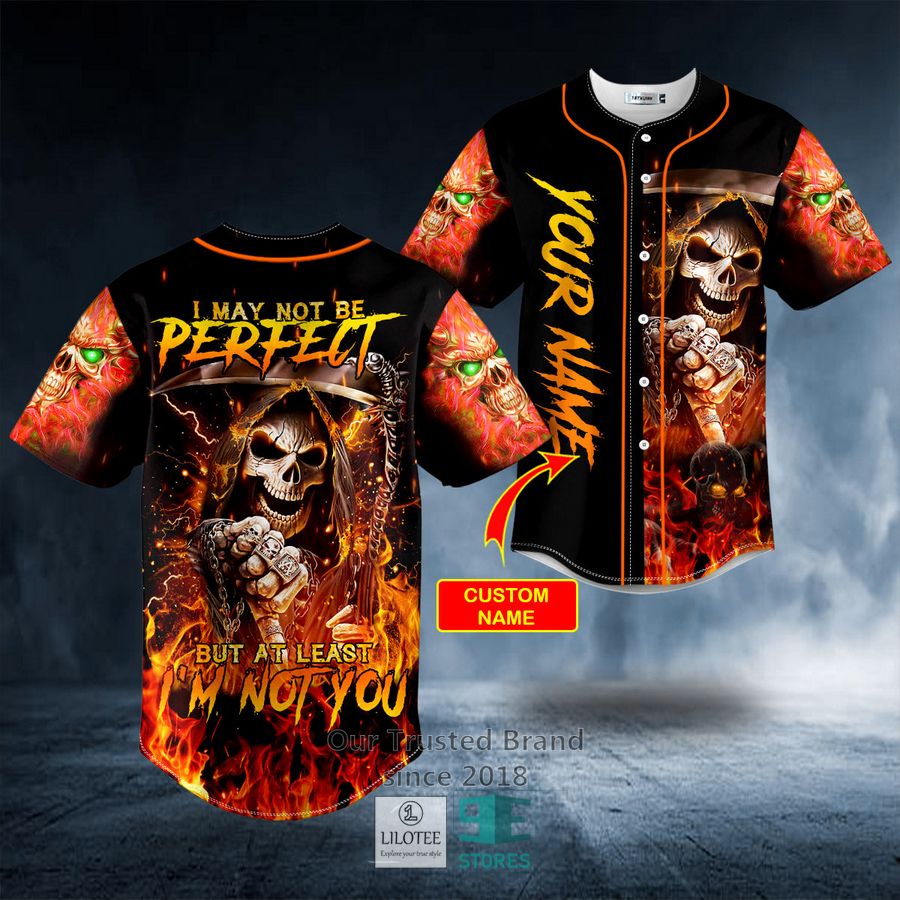 Not Be Perfect But Not You Flaming Metal Grim Reaper Skull Custom Baseball Jersey 8