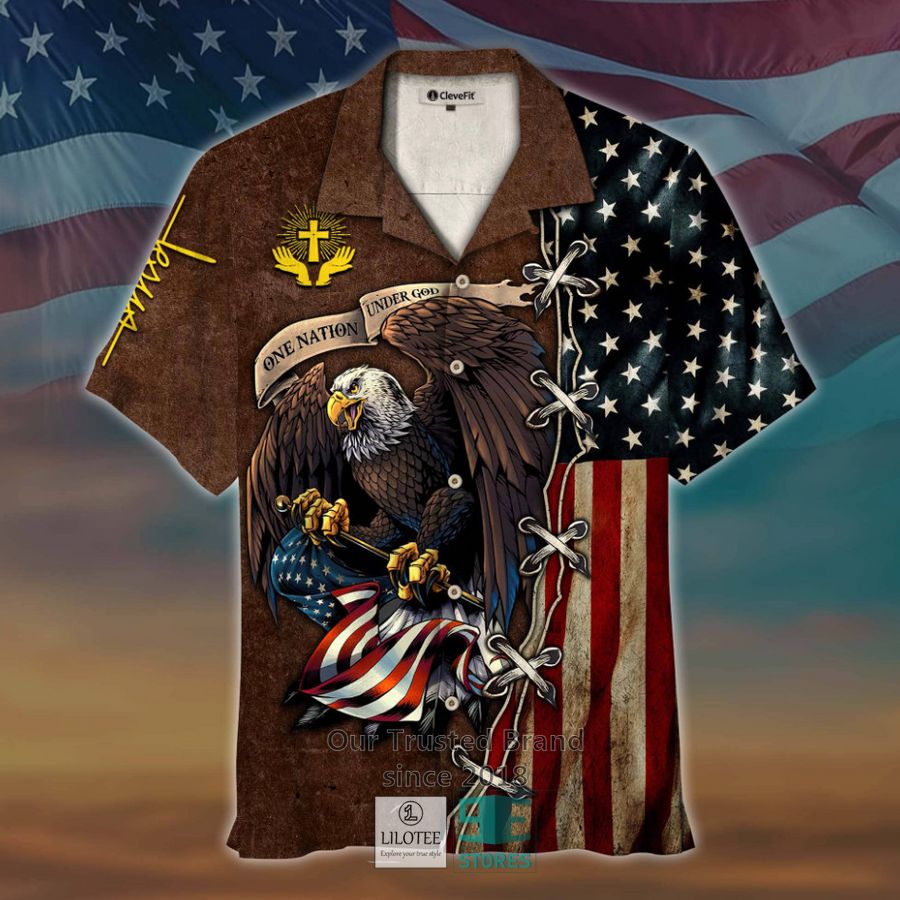 One Nation Under God Eagle US Flag Brown Hawaiian shirt 2