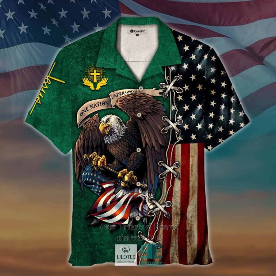 One Nation Under God Eagle US Flag Green Hawaiian shirt 2