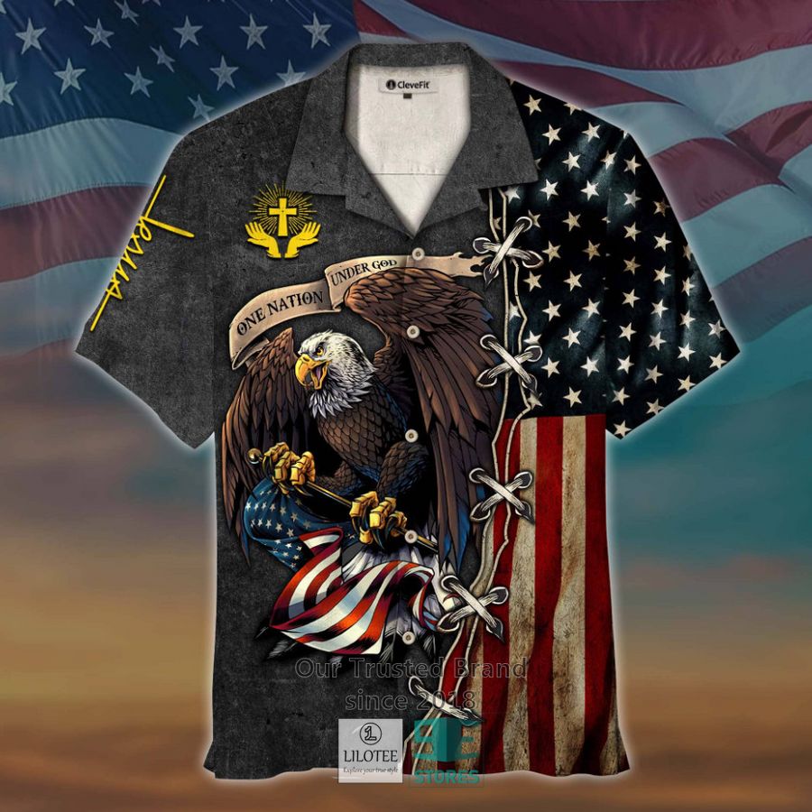One Nation Under God Eagle US Flag Grey Hawaiian shirt 3