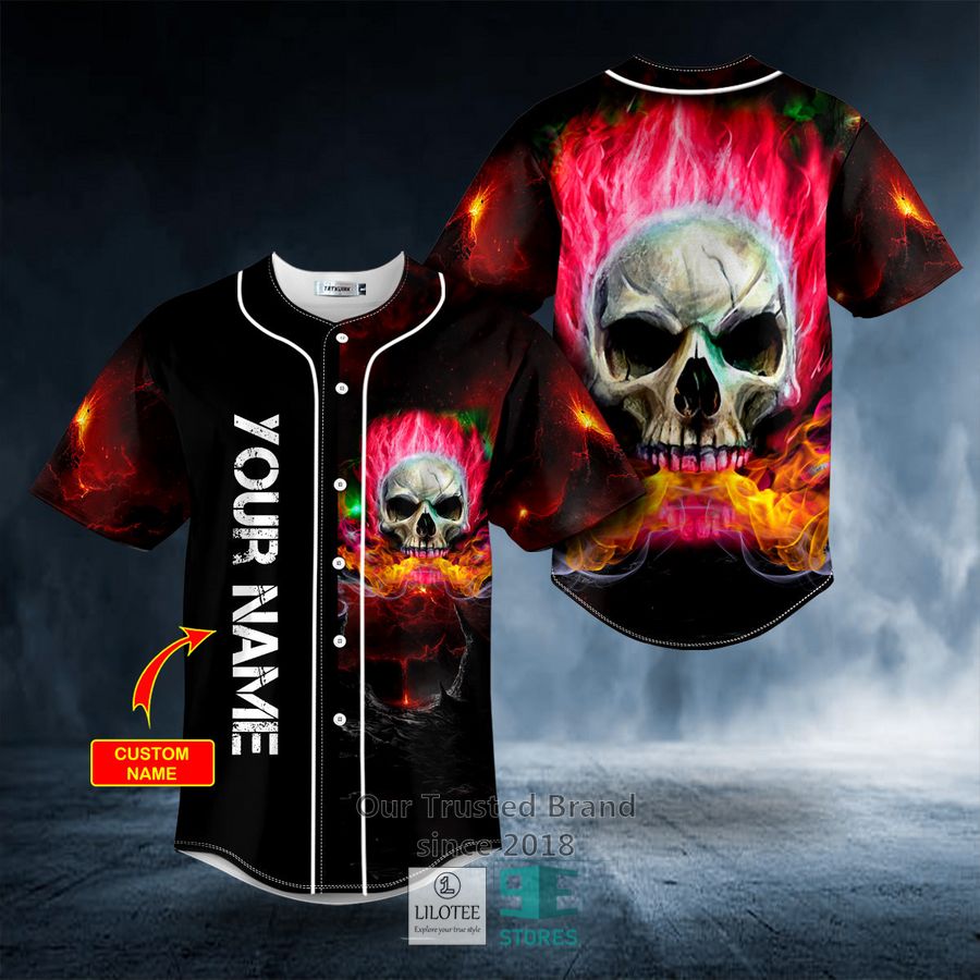 Pink Flaming Skull Custom Black Baseball Jersey 8