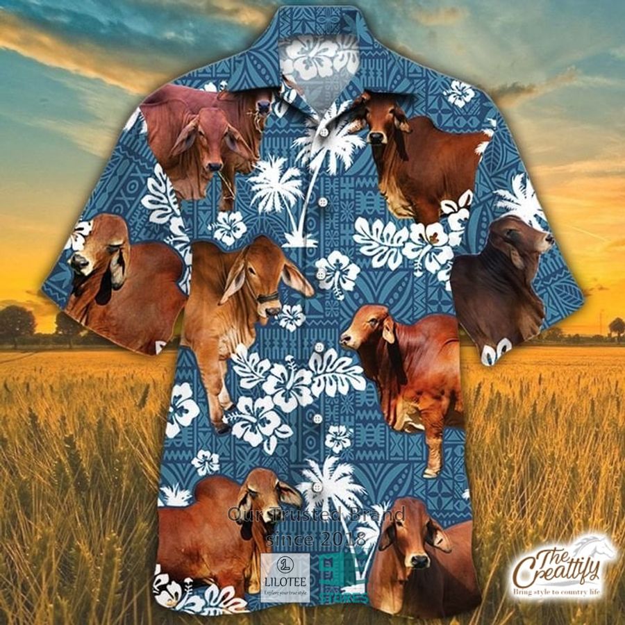 Red Brahman Cattle Blue Tribal Pattern Hawaiian Shirt 8