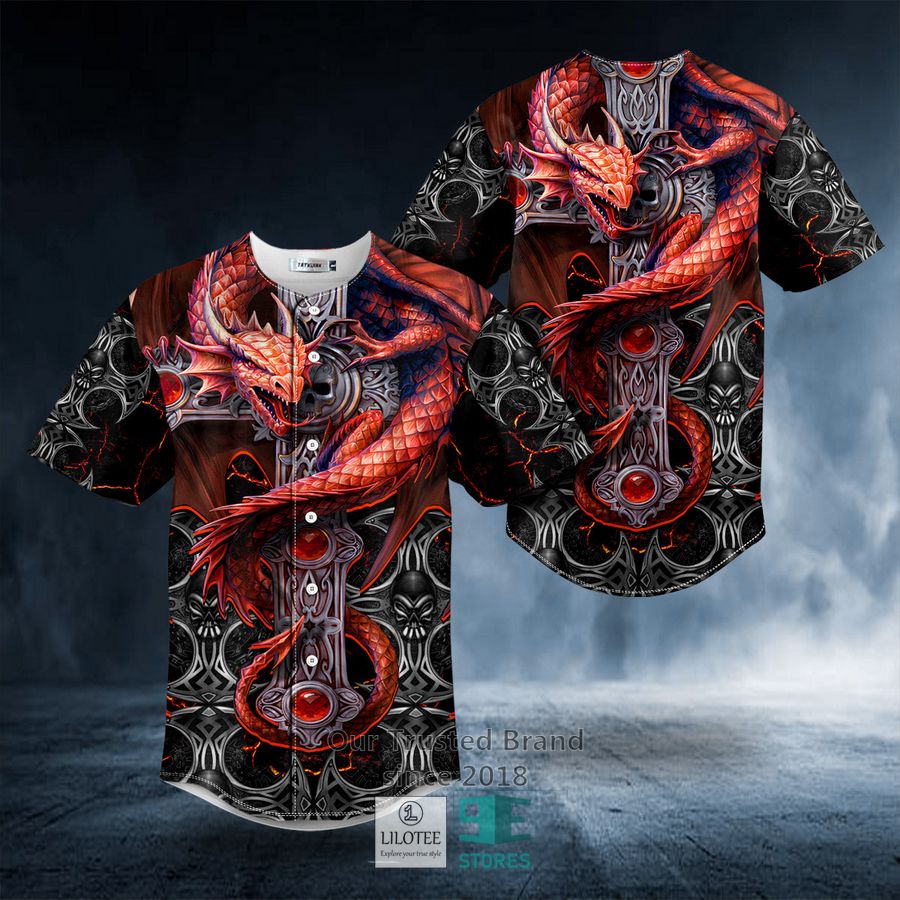 Red Dragon Gothic Tarot Skull Baseball Jersey 8