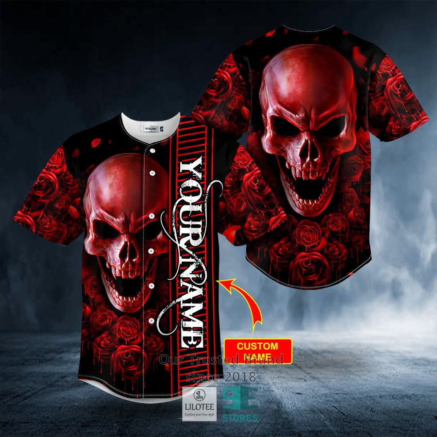 Red Rose Bloody Skull Custom Baseball Jersey 9
