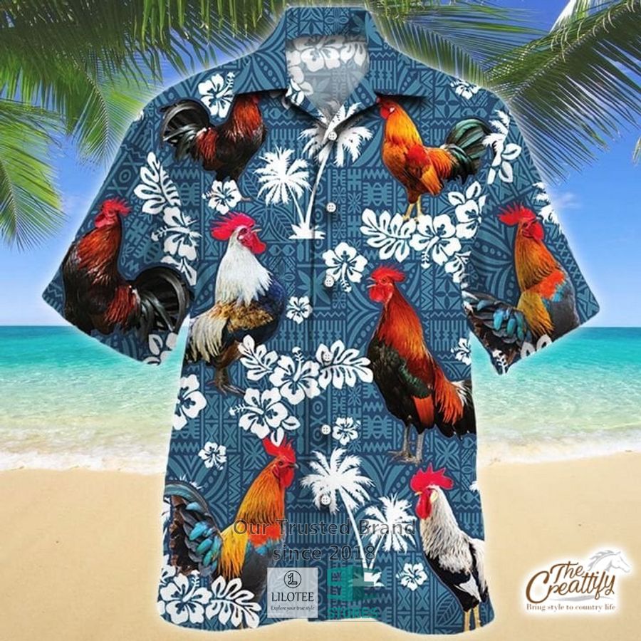 Rooster Blue Tribal Pattern Hawaiian Shirt 4