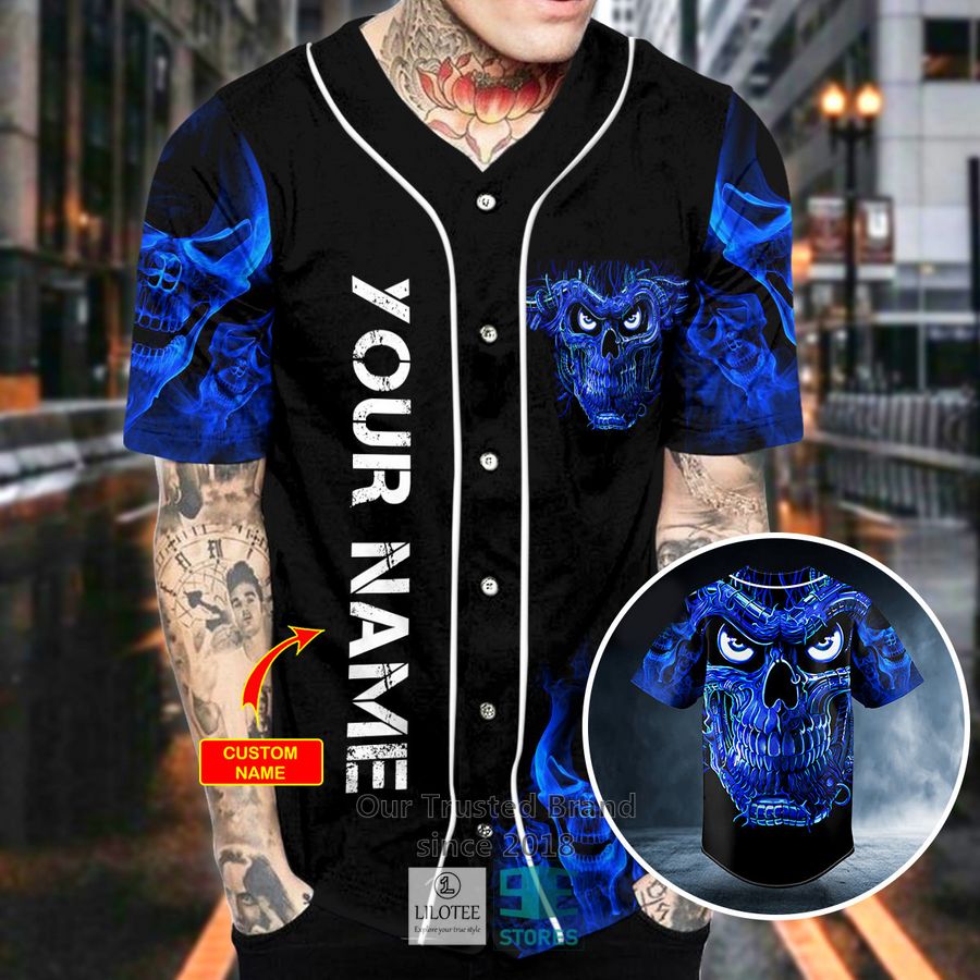 Alternative view of Terminator Blue Fire Skull Custom Baseball Jersey