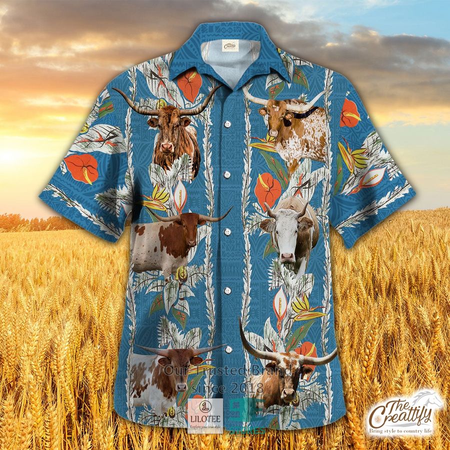 Texas Longhorn Hibiscus Tropical Seamless Pattern Hawaiian Shirt 7