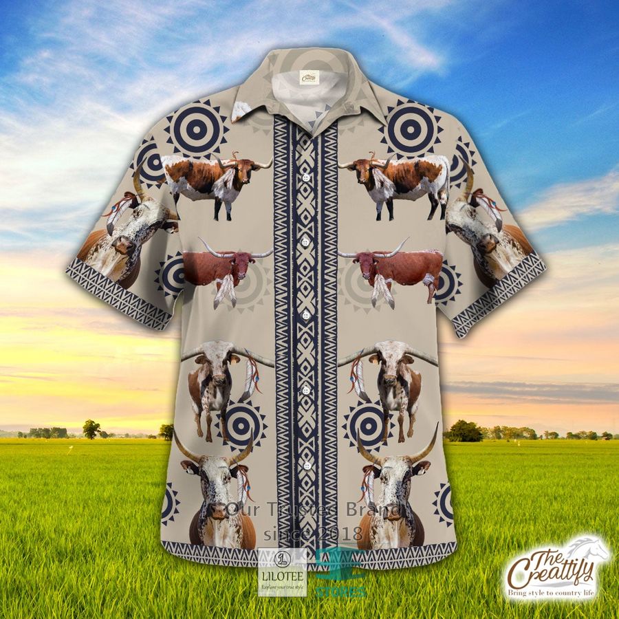 Texas Longhorn In Native American Pattern Hawaiian Shirt 8