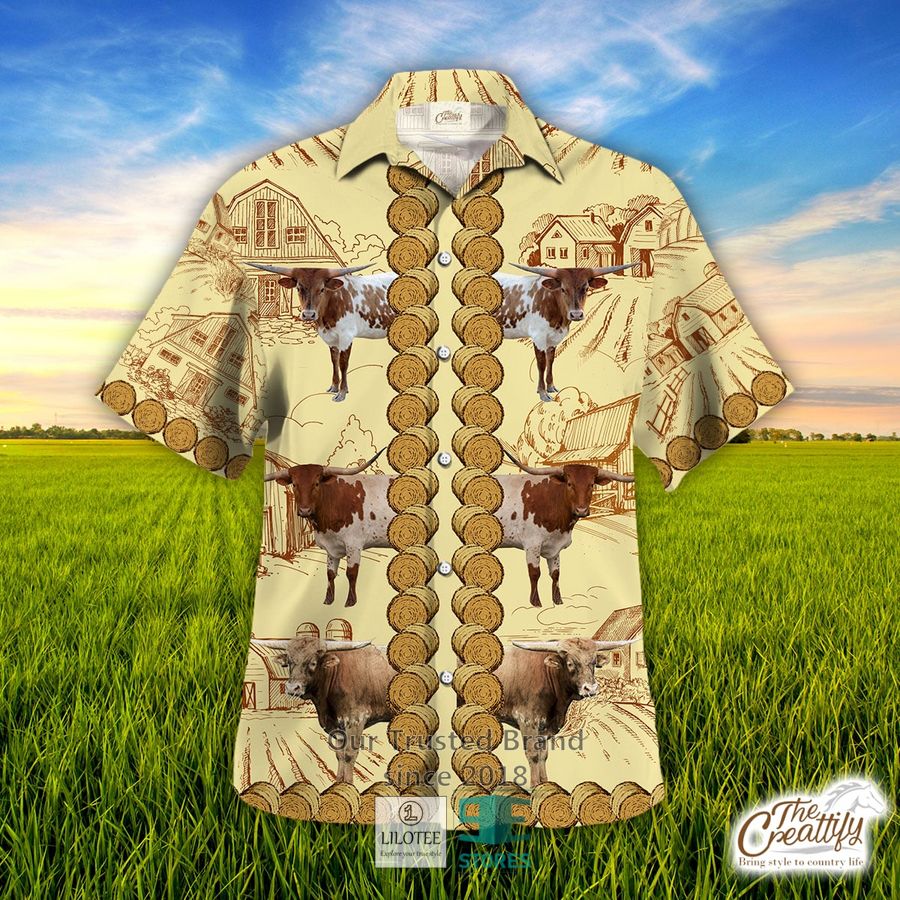 Texas Longhorn In Rolled Hay Pattern Hawaiian Shirt 15