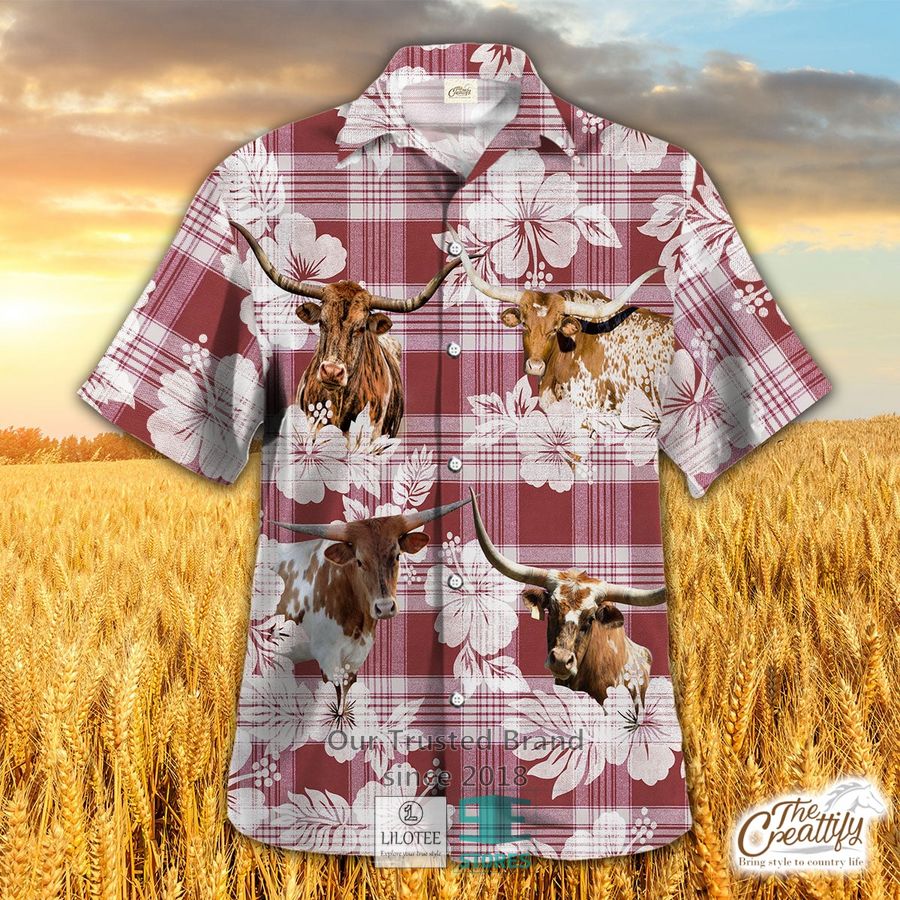 Texas Longhorn Plaid Hibiscus Hawaiian Shirt 9