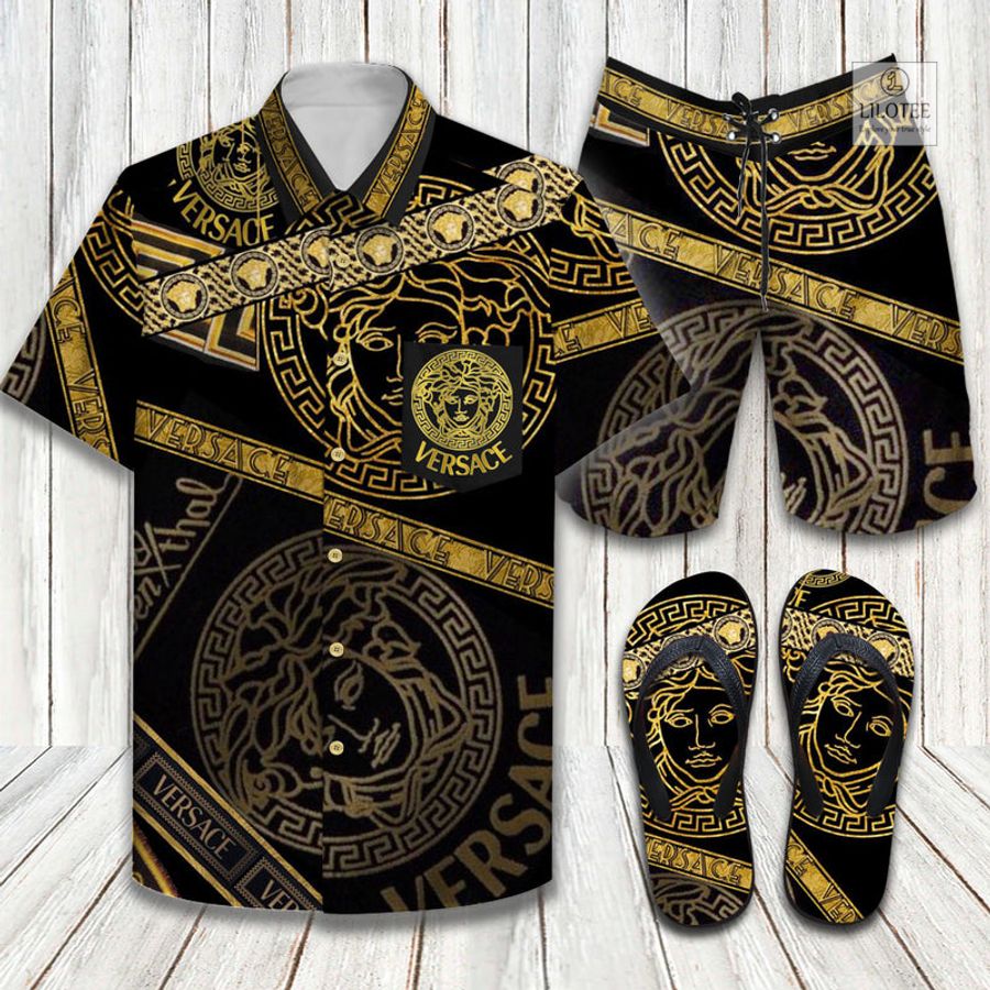 Versace Gold Pattern Black Luxury Hawaiian shirt, short 9