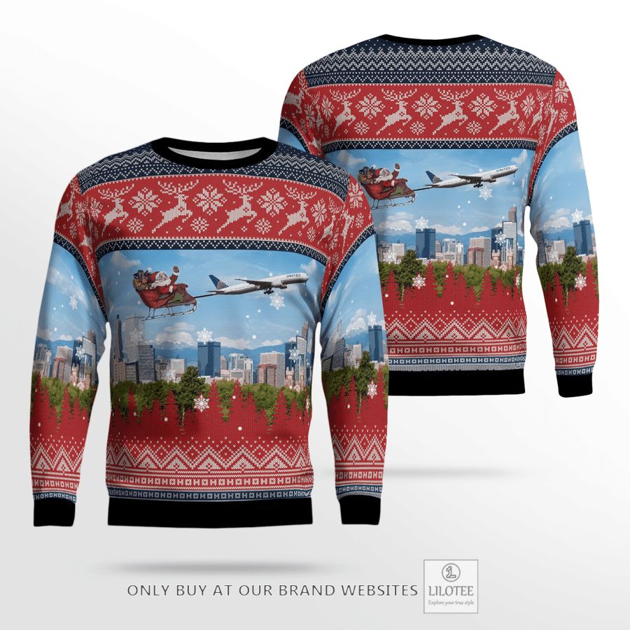 United Airlines Boeing 777-322ER With Santa over Denver Christmas Sweater 25