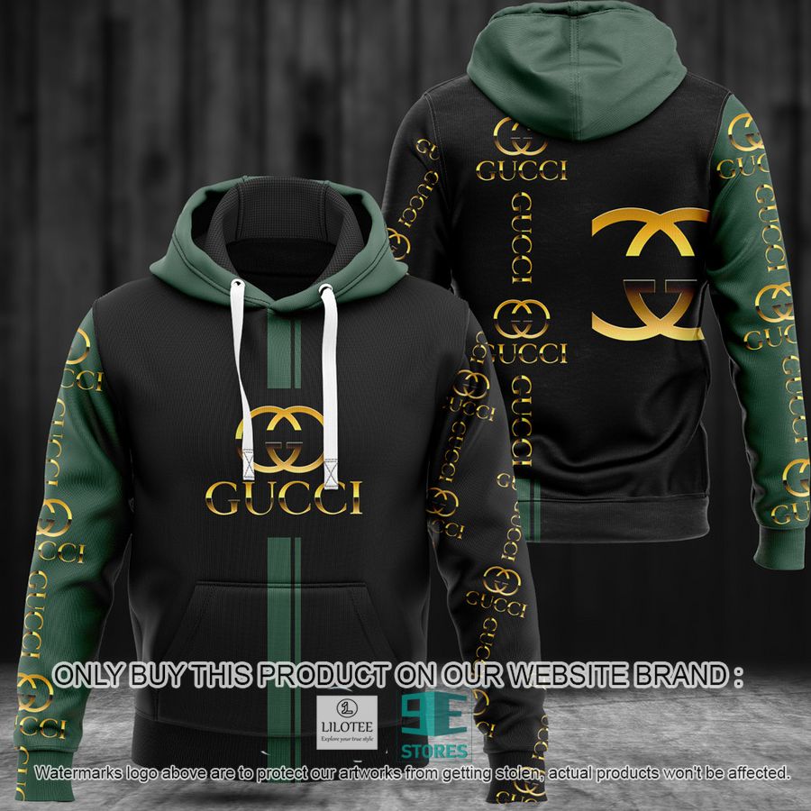 Gold logo Gucci pattern Black Green 3D All Over Print Hoodie 8