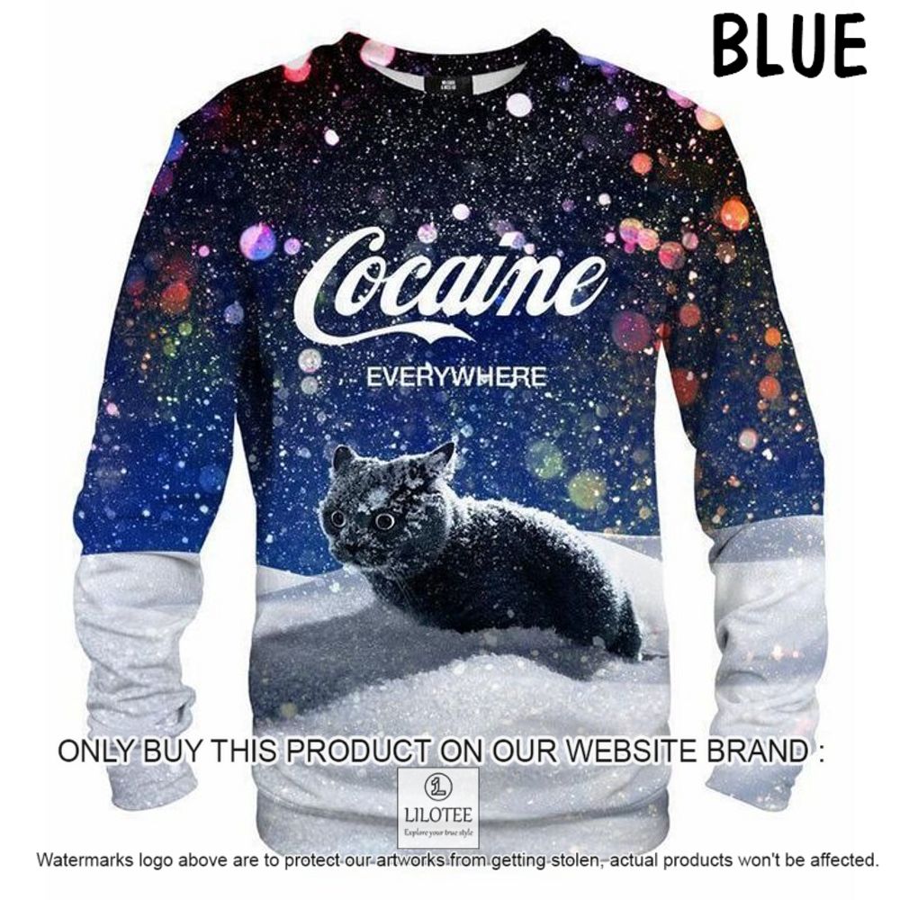 Black Cat Cocaine Everywhere Blue Christmas Sweater - LIMITED EDITION 8