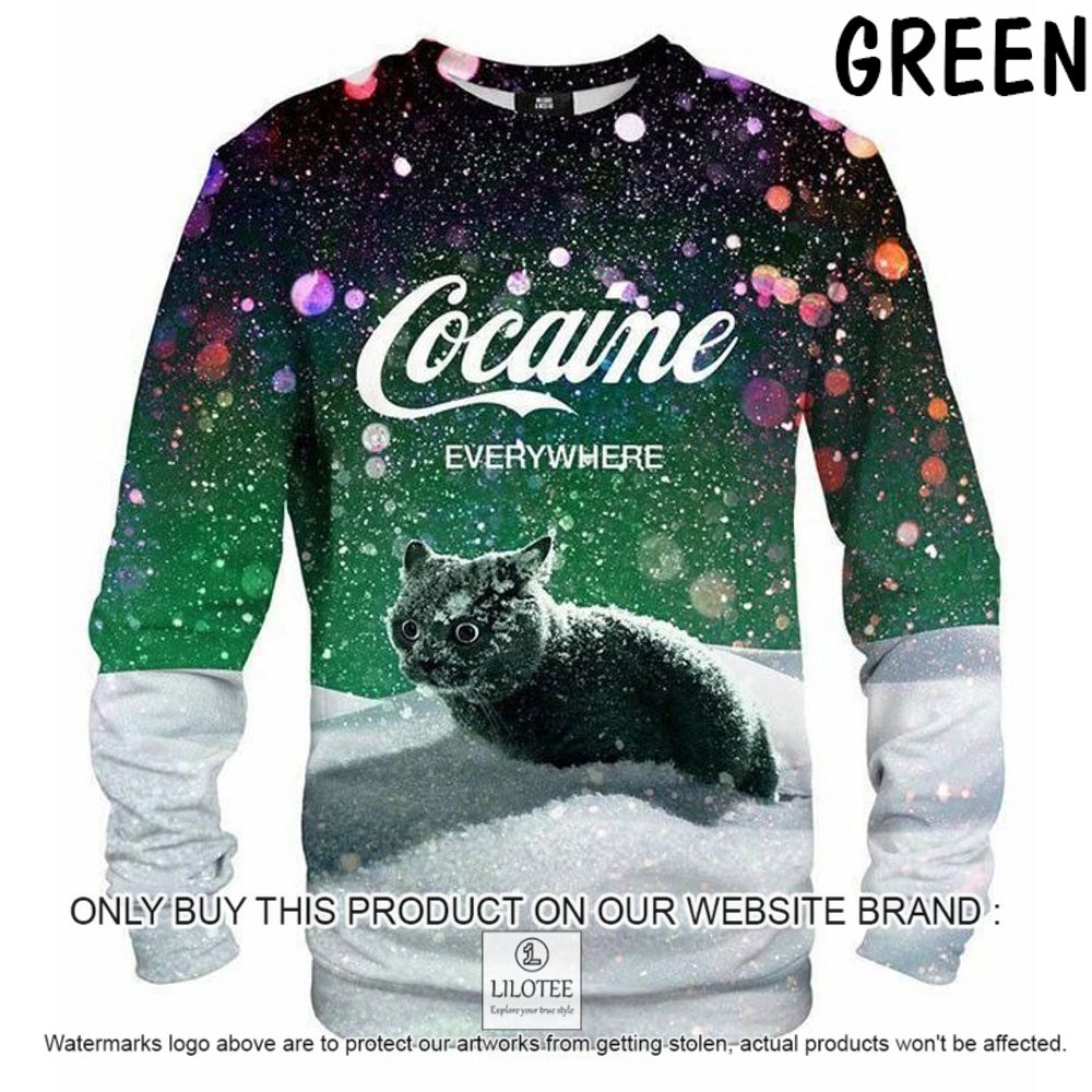Black Cat Cocaine Everywhere Green Christmas Sweater - LIMITED EDITION 8