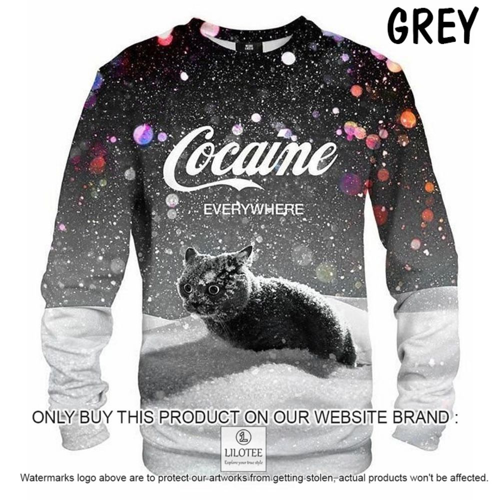 Black Cat Cocaine Everywhere Grey Christmas Sweater - LIMITED EDITION 8
