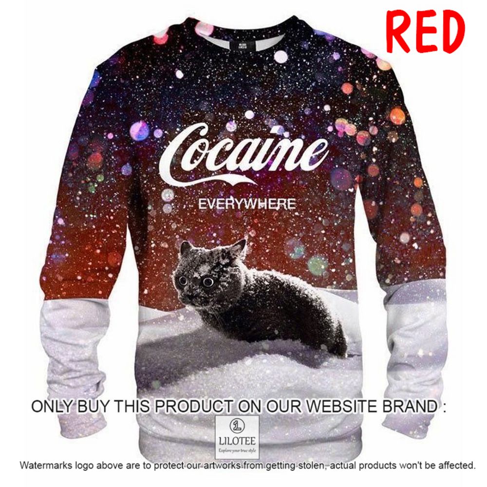 Black Cat Cocaine Everywhere Red Christmas Sweater - LIMITED EDITION 8