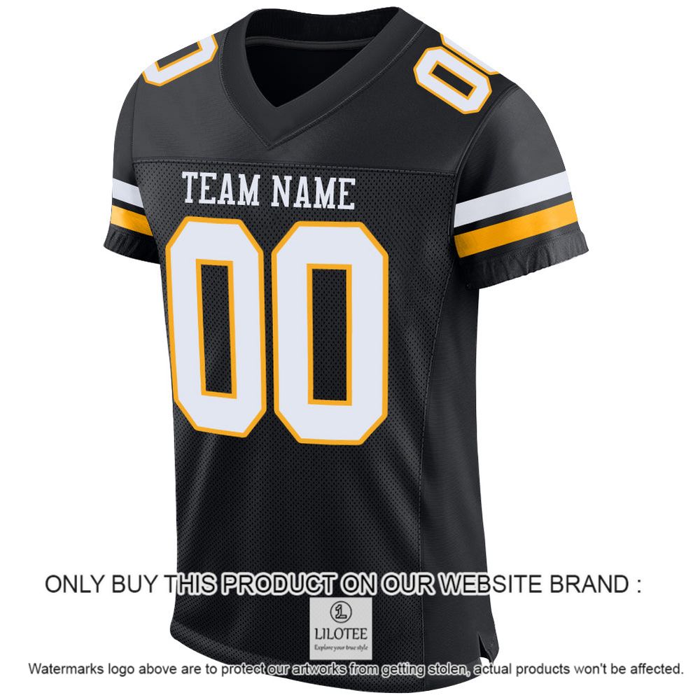Alternative view of Black White-Gold Color Mesh Authentic Personalized Football Jersey - LIMITED EDITION