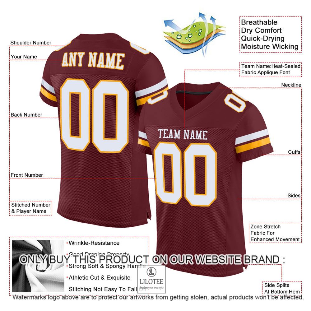Burgundy White-Gold Color Mesh Authentic Personalized Football Jersey - LIMITED EDITION 4 Burgundy White-Gold Color Mesh Authentic Personalized Football Jersey - LIMITED EDITION - Image 4