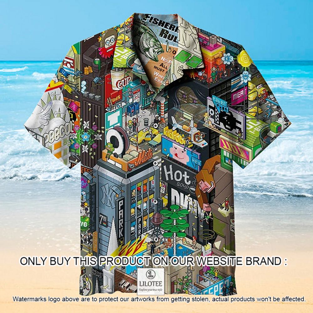 Explore the pixel-style New York City Times Square Pattern Short Sleeve Hawaiian Shirt - LIMITED EDITION 12