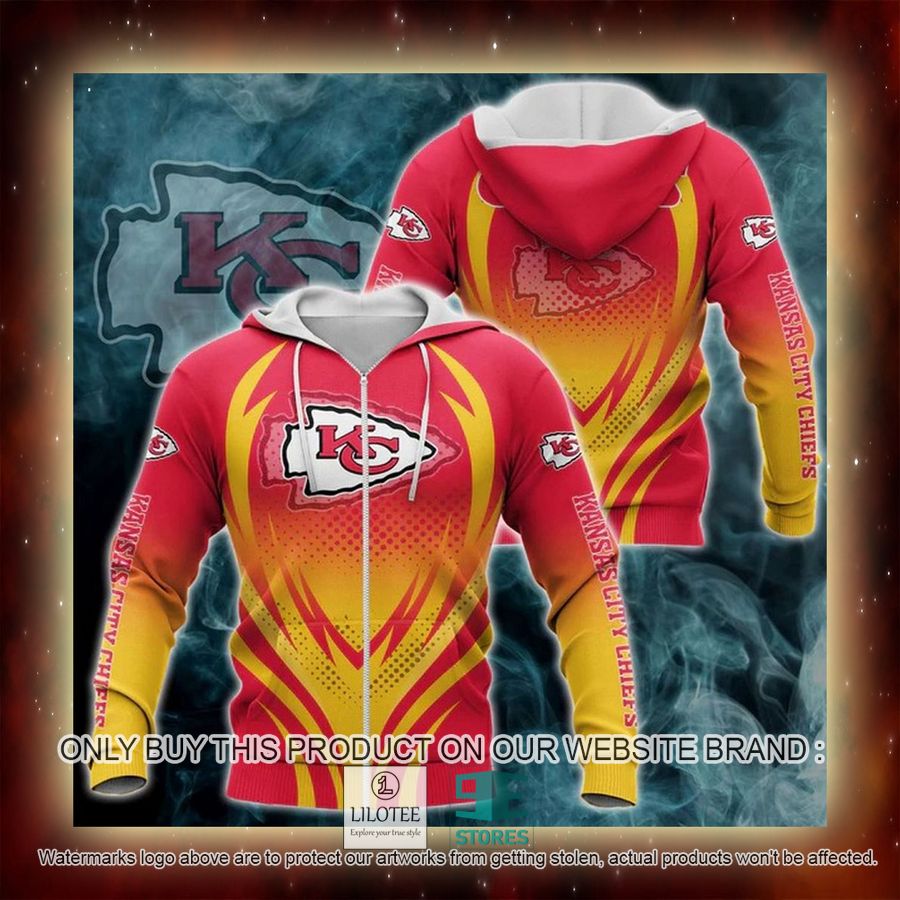 Alternative view of Kansas City Chiefs red yellow 3D Hoodie, Zip Hoodie - LIMITED EDITION