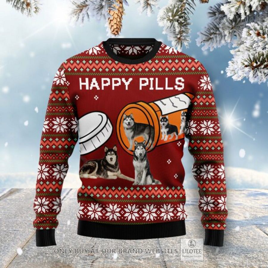 Merry Christmas Siberian Husky Happy Pills Ugly Christmas Sweatshirt 6