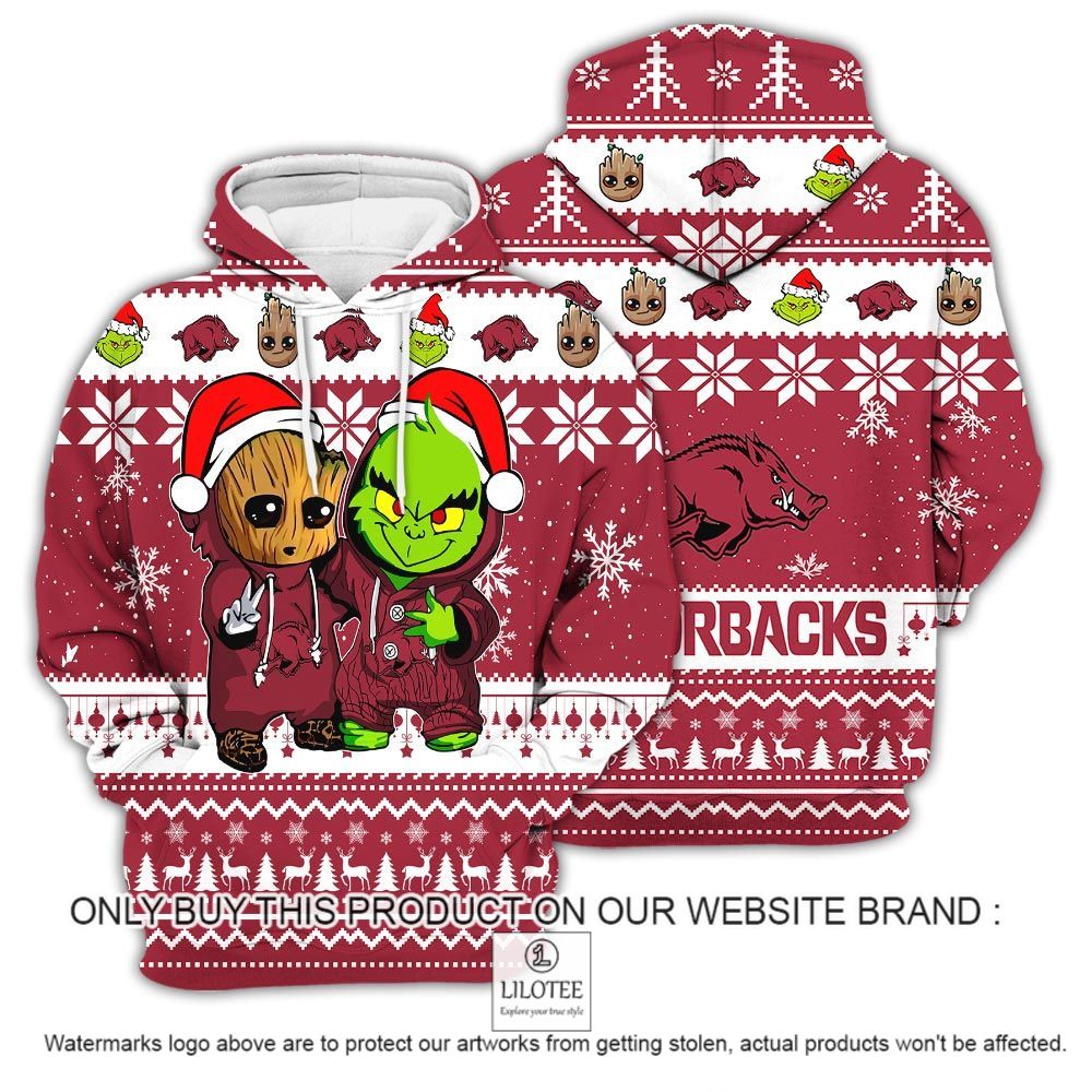 NCAA Arkansas Razorbacks Baby Groot and Grinch Christmas 3D Hoodie - LIMITED EDITION 13