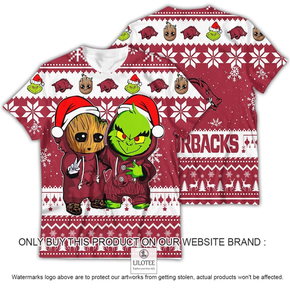 NCAA Arkansas Razorbacks Baby Groot and Grinch Christmas 3D Shirt - LIMITED EDITION 12
