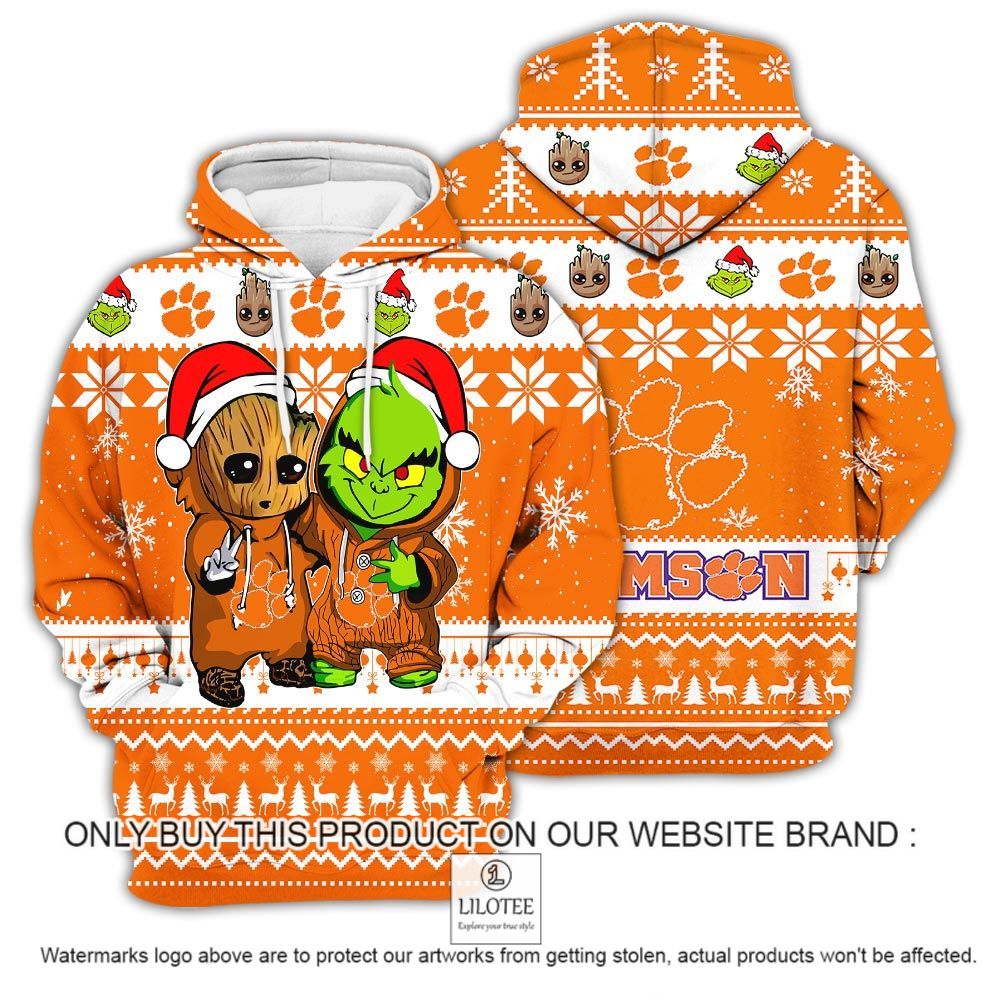 NCAA Clemson Tigers Baby Groot and Grinch Christmas 3D Hoodie - LIMITED EDITION 13