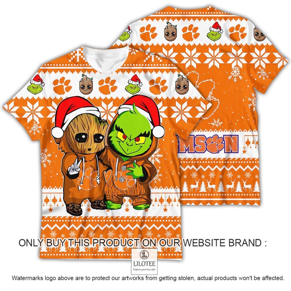 NCAA Clemson Tigers Baby Groot and Grinch Christmas 3D Shirt - LIMITED EDITION 12