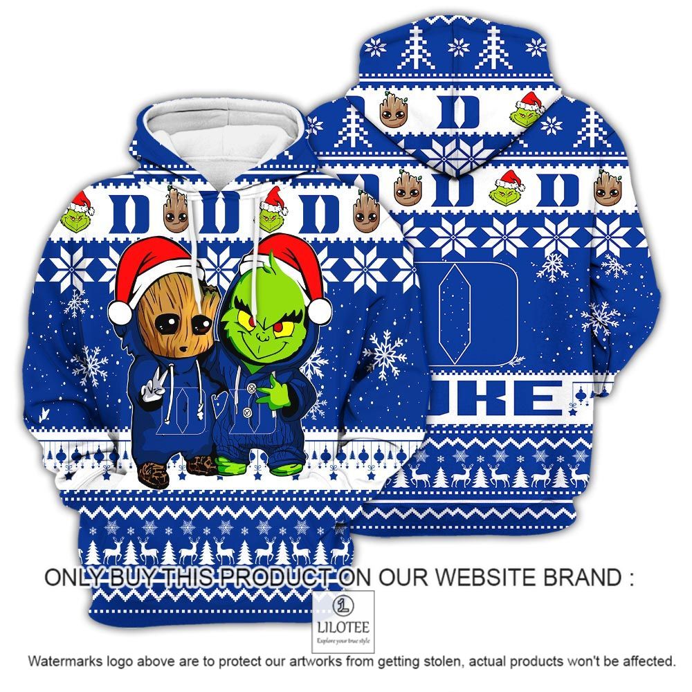 NCAA Duke Blue Devils Baby Groot and Grinch Christmas 3D Hoodie - LIMITED EDITION 12