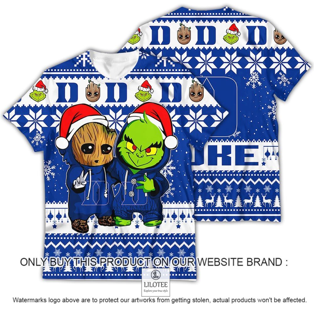 NCAA Duke Blue Devils Baby Groot and Grinch Christmas 3D Shirt - LIMITED EDITION 12