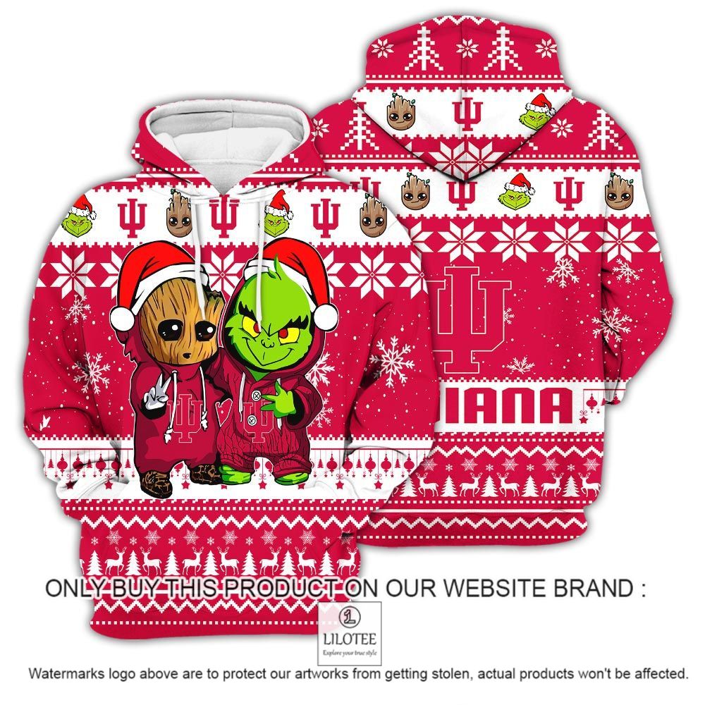 NCAA Indiana Hoosiers Baby Groot and Grinch Christmas 3D Hoodie - LIMITED EDITION 12