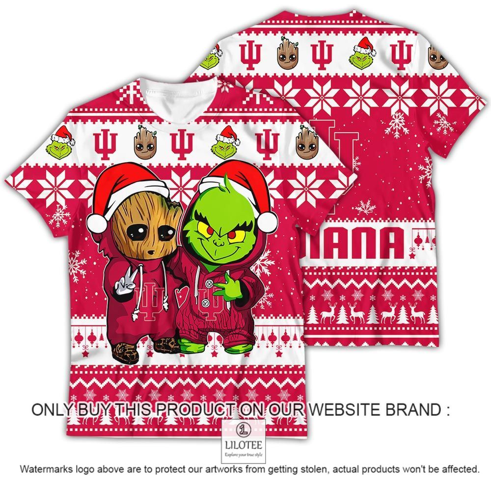 NCAA Indiana Hoosiers Baby Groot and Grinch Christmas 3D Shirt - LIMITED EDITION 12