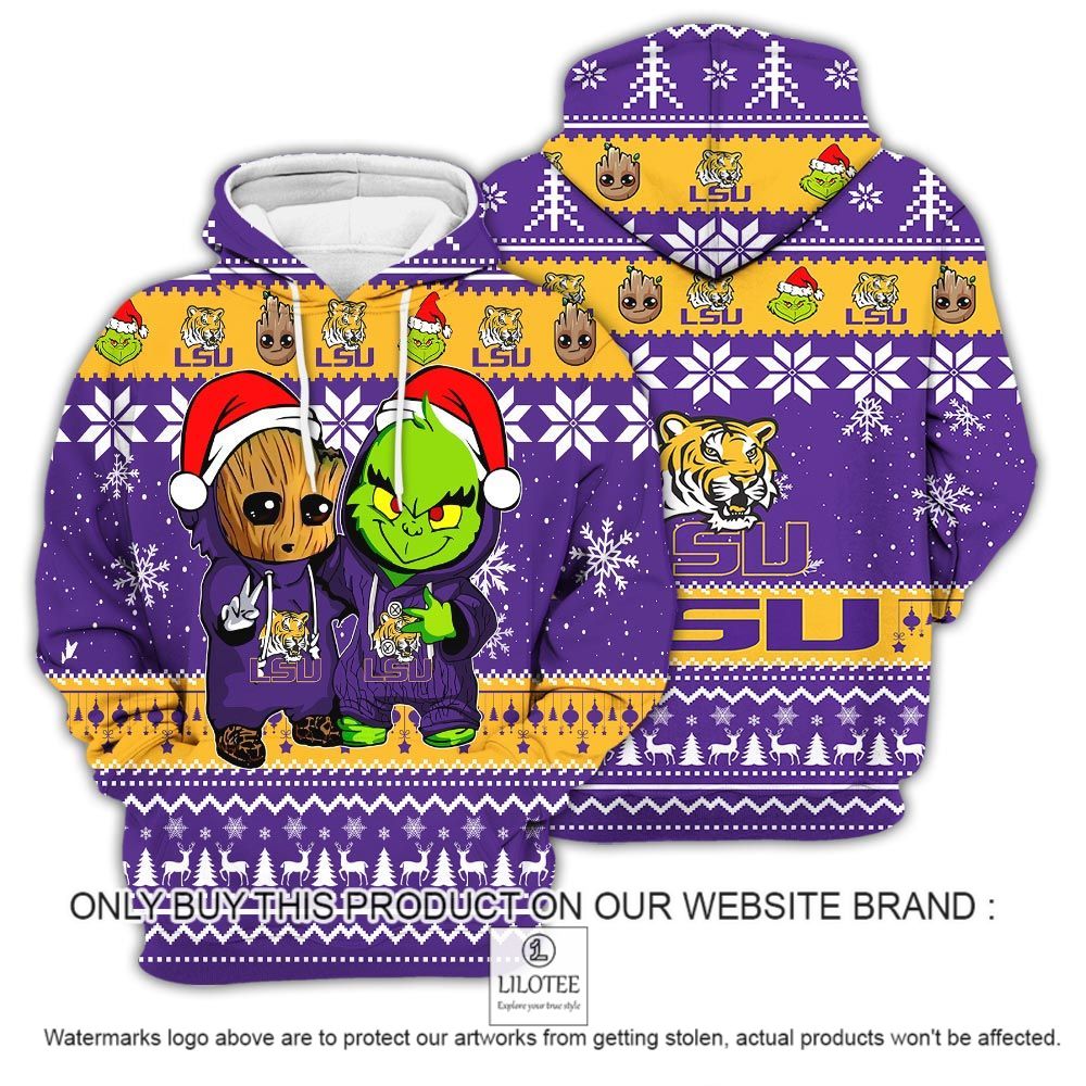 NCAA Lsu Tigers Baby Groot and Grinch Christmas 3D Hoodie - LIMITED EDITION 12