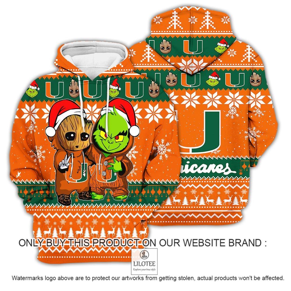 NCAA Miami Hurricanes Baby Groot and Grinch Christmas 3D Hoodie - LIMITED EDITION 12