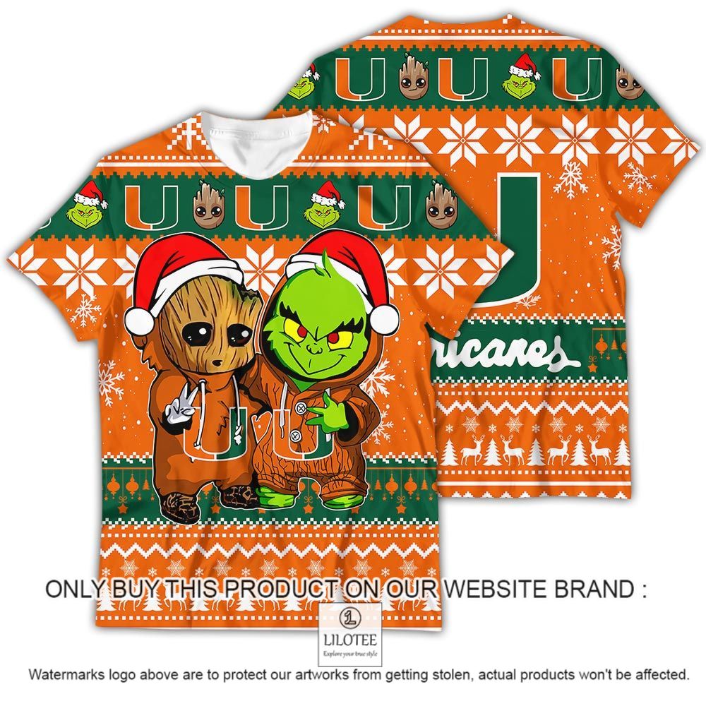 NCAA Miami Hurricanes Baby Groot and Grinch Christmas 3D Shirt - LIMITED EDITION 13