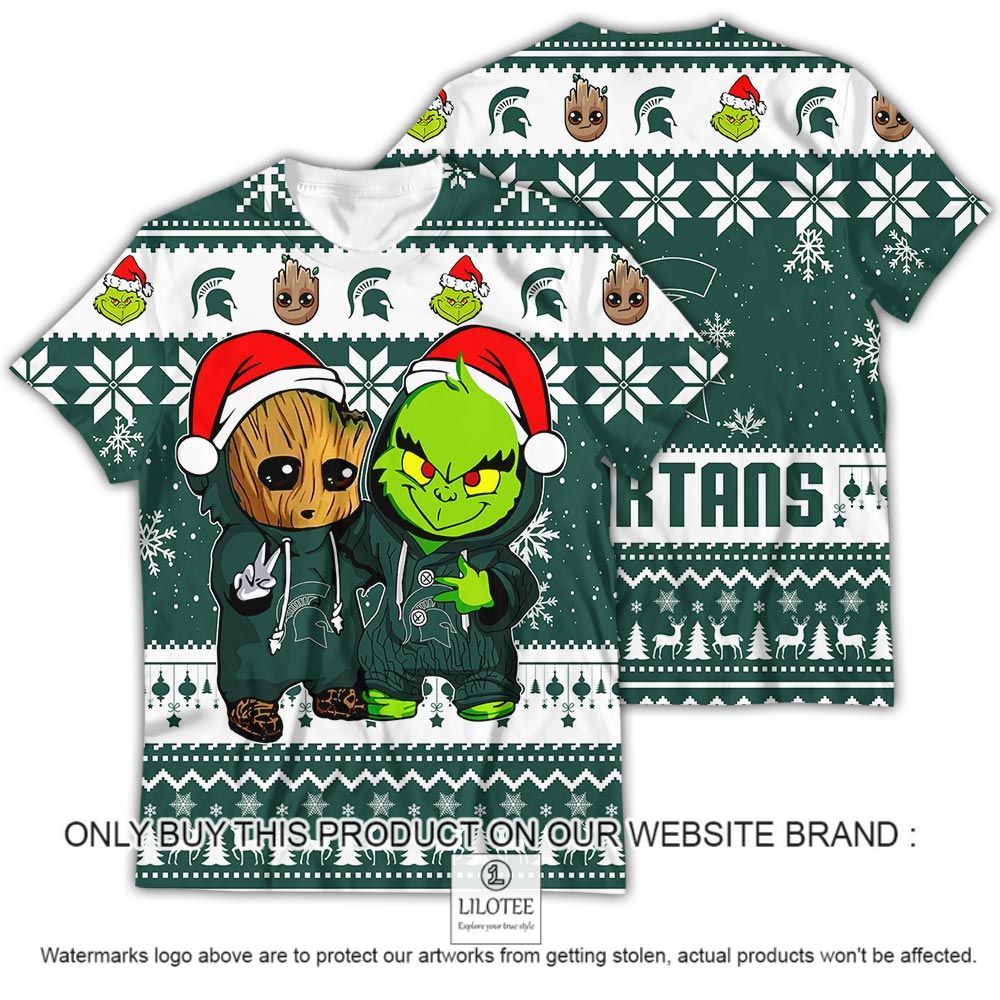 NCAA Michigan State Spartans Baby Groot and Grinch Christmas 3D Shirt - LIMITED EDITION 13