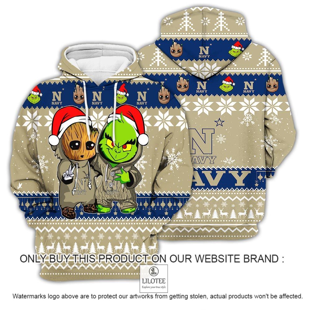 NCAA Navy Midshipmen Baby Groot and Grinch Christmas 3D Hoodie - LIMITED EDITION 13