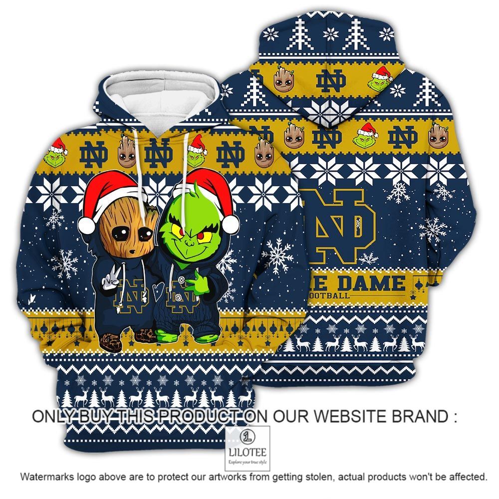 NCAA Notre Dame Fighting Irish Baby Groot and Grinch Christmas 3D Hoodie - LIMITED EDITION 13