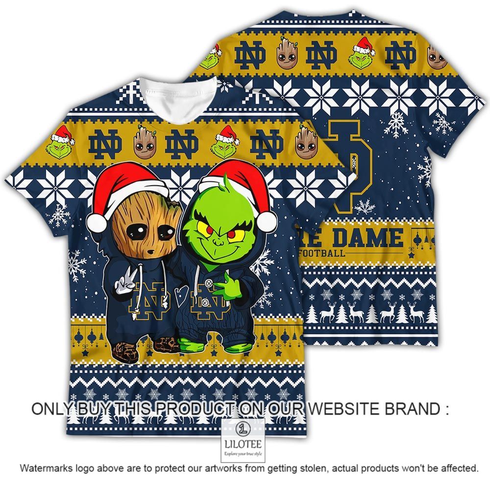 NCAA Notre Dame Fighting Irish Baby Groot and Grinch Christmas 3D Shirt - LIMITED EDITION 13